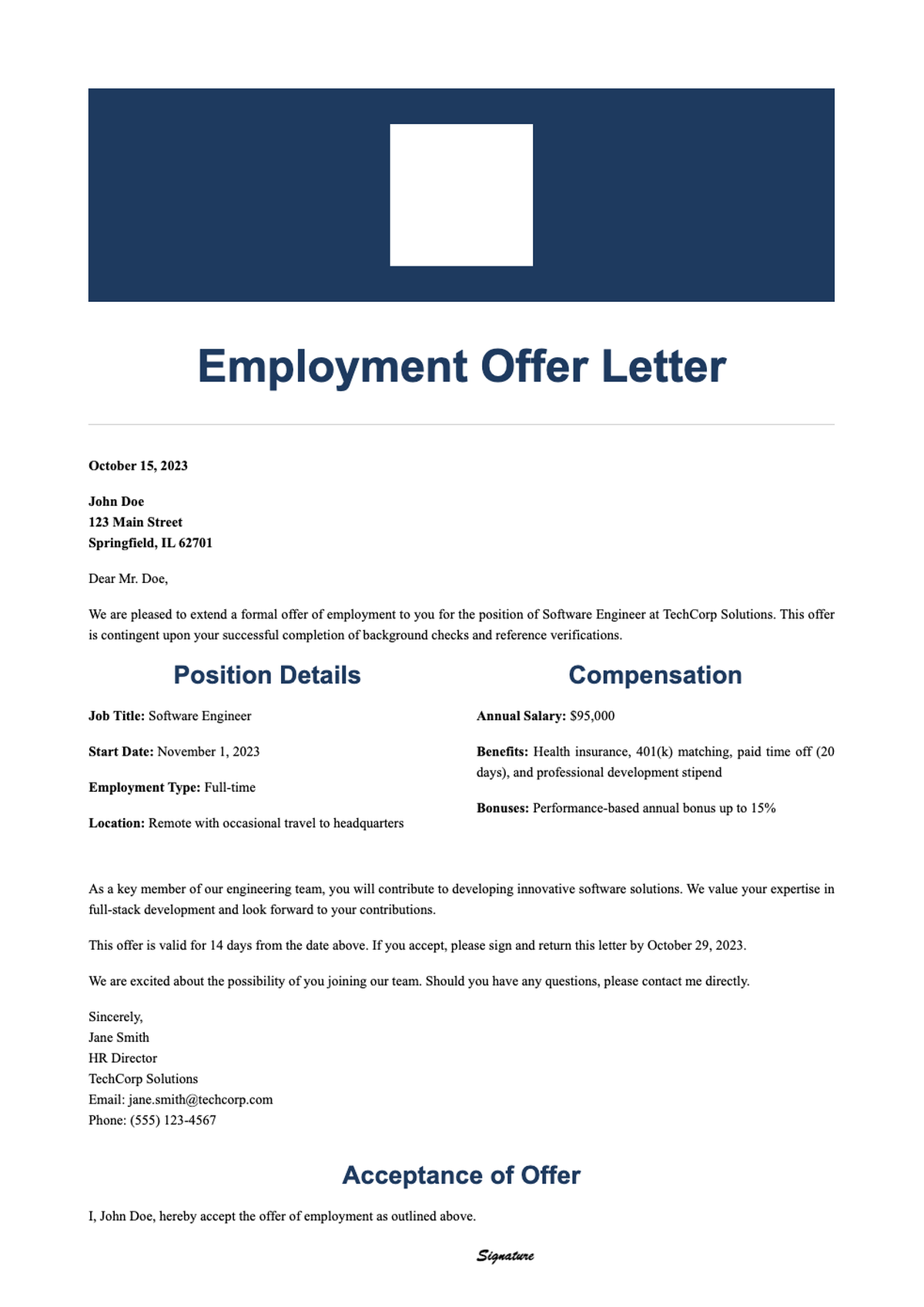Professional employment offer letter template with acceptance section_variant_2